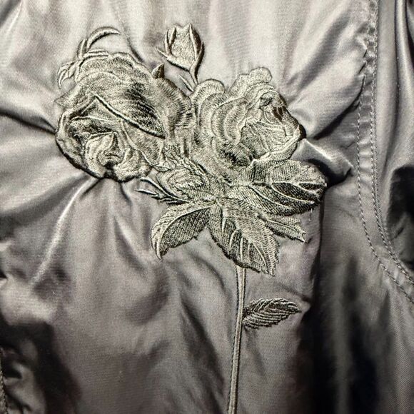 Obey Rose Embroidery Fleece-Lined Longline Black Bomber Jacket size M - Picture 7 of 12